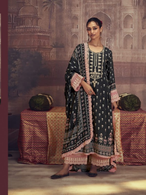 Muslin Silk Party Wear  Suit  in Black Color with  Embroidery Work