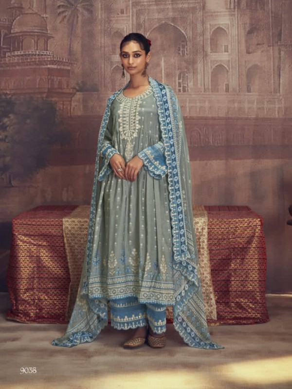 Muslin Silk Party Wear  Suit  in Grey Color with  Embroidery Work