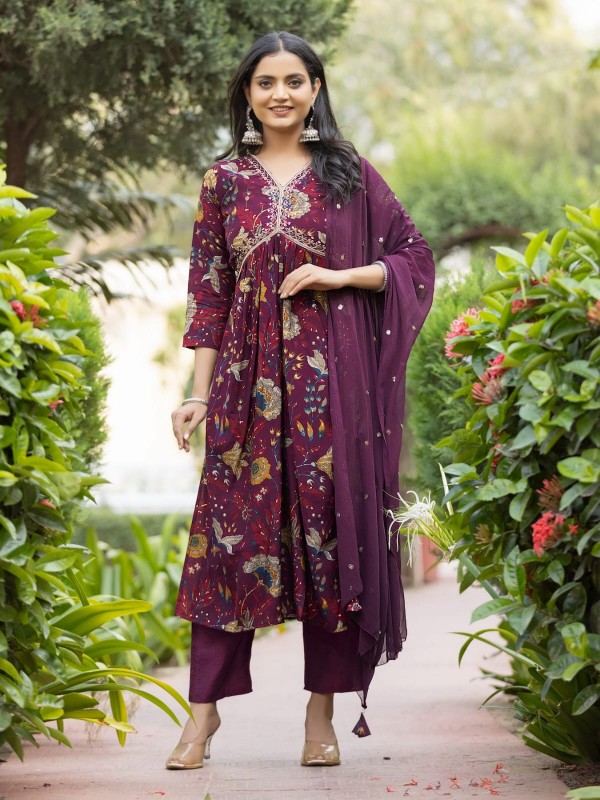 Chanderi Silk Party Wear Suit in Purple Color With Embroidery Work