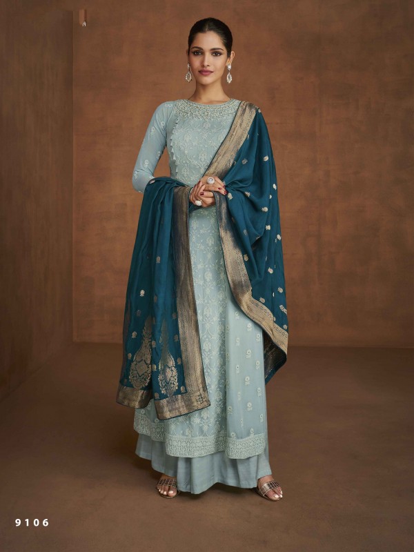 Pure Georgette Party Wear Plazo in Light Blue Color with  Embroidery Work