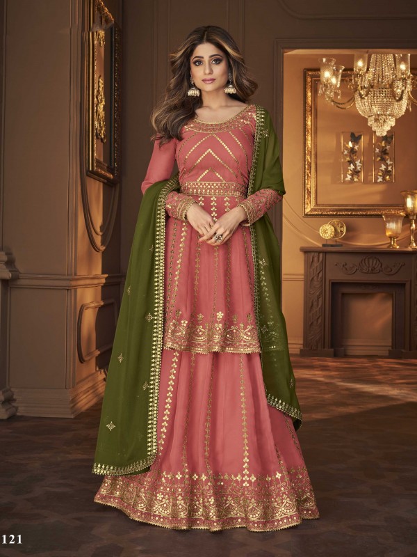 Georgette Party Wear Sarara in Peach Color with  Embroidery Work