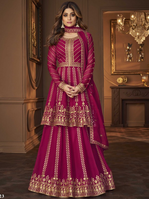  Georgette Party Wear Sarara in Magenta  Color with  Embroidery Work