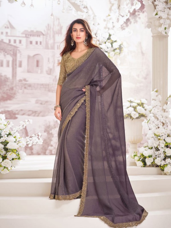 Georgette Shimmer  Saree In Mauve Color With Embroidery Work