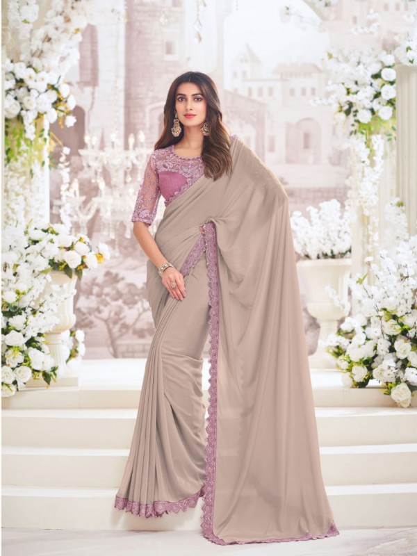 Chiffon  Saree In Beige  Color With Embroidery Work