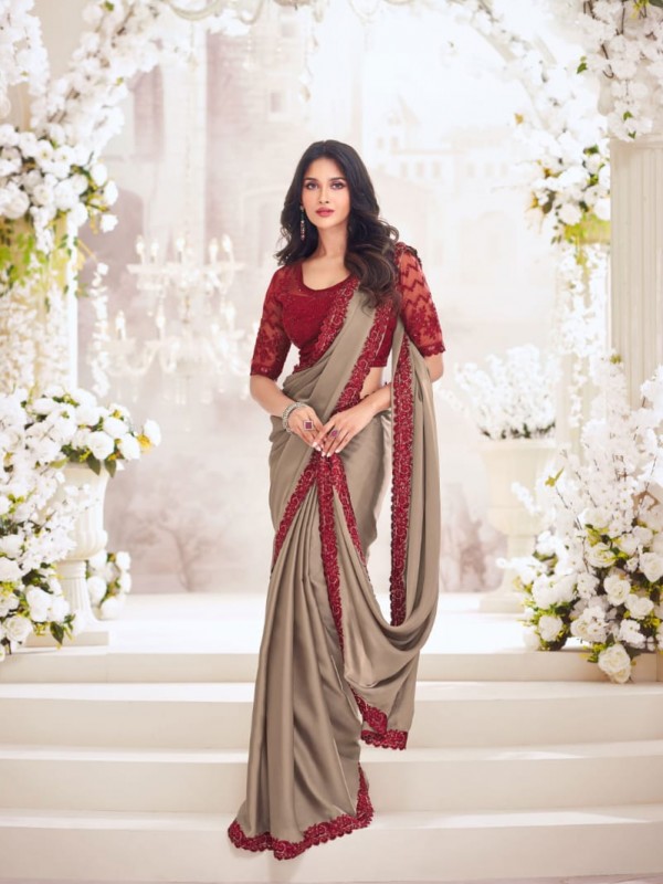 Sateen  Silk Saree In Beige Color With Embroidery Work