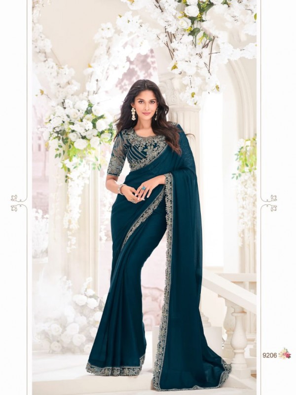 Georgette Shimmer  Saree In Teal Blue Color With Embroidery Work