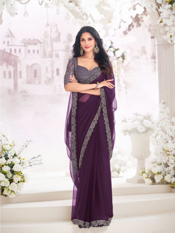 Chiffon  Saree In Violet Color With Embroidery Work