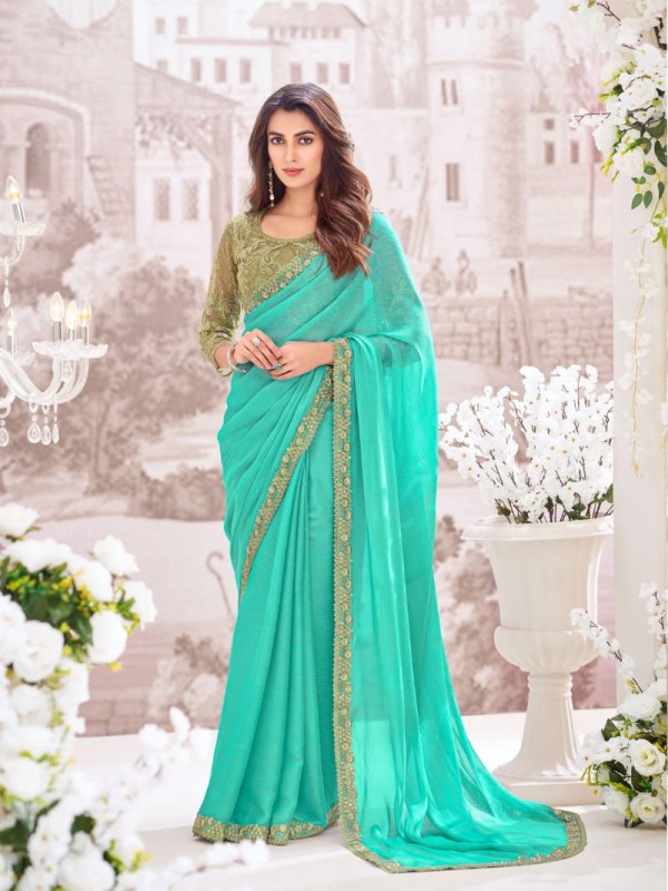 Georgette Shimmer  Saree In Sea Green Color With Embroidery Work
