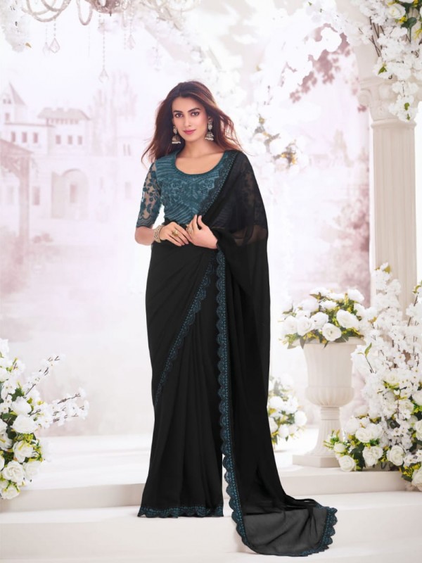 Chiffon  Saree In Black Color With Embroidery Work