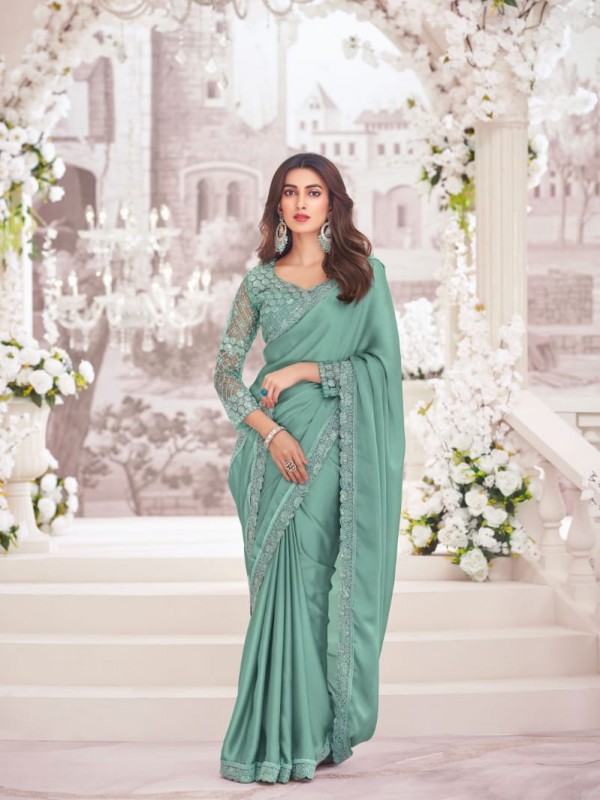 Sateen  Silk Saree In Turquoise Color With Embroidery Work