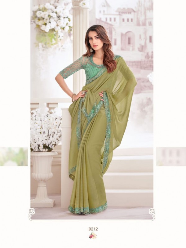 Georgette Shimmer  Saree In Green Color With Embroidery Work