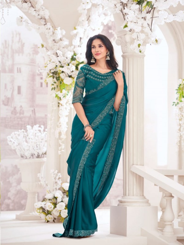 Georgette  Saree In Teal Green Color With Embroidery Work