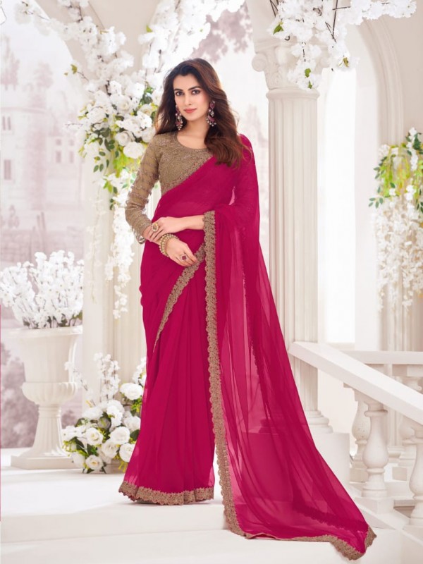 Chiffon  Saree In Dark Pink Color With Embroidery Work