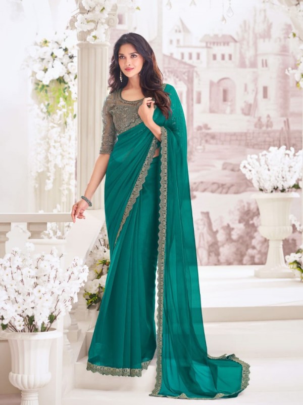 Chiffon  Saree In Teal Green Color With Embroidery Work