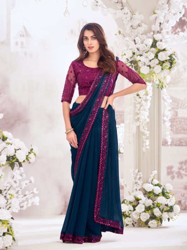 Chiffon  Saree In Teal Blue Color With Embroidery Work