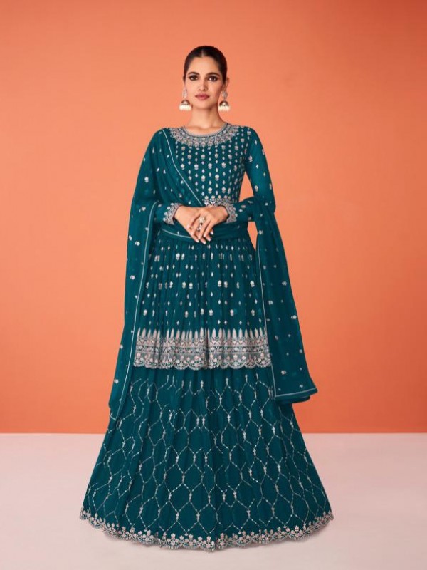 Real  Georgette Party Wear Lahenga Teal  Blue Color with  Embroidery Work