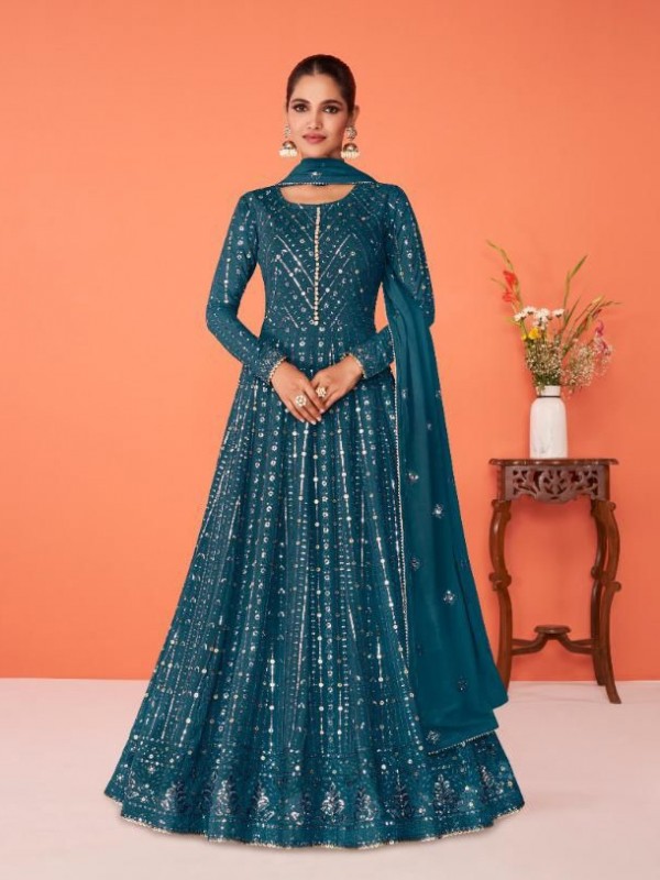 Pure Georgette Fabrics Party Wear Gown Teal Blue Color With Embroidery Work