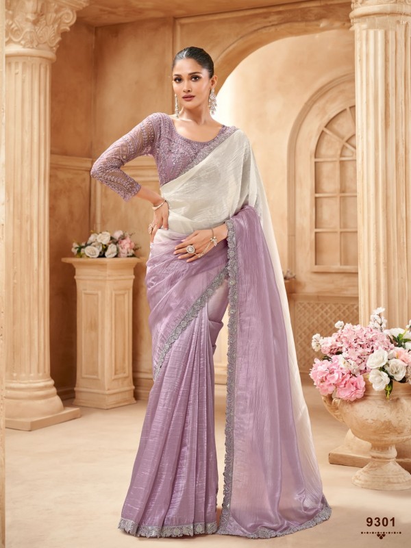 Soft Crush Silk Saree In Color Cream & Lavender With Embroidery Work