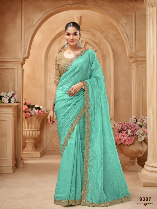 Soft Crush Silk Saree In Color Sea Green Color With Embroidery Work