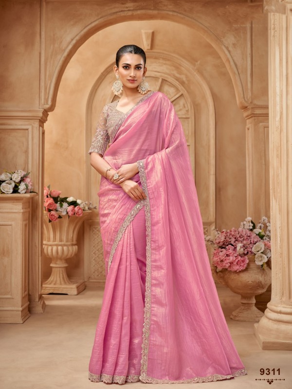 Soft Crush Silk Saree In Color Pink Color With Embroidery Work