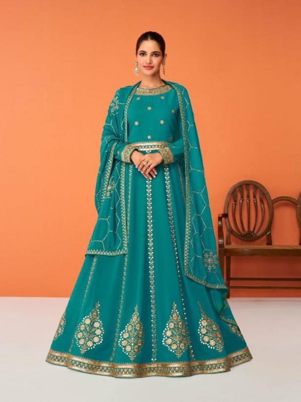 Real Georgette Party Wear Gown Turquoise Color with  Embroidery Work