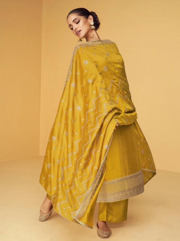 Blooming Georgette Party Wear Suit Yellow Color with  Embroidery Work