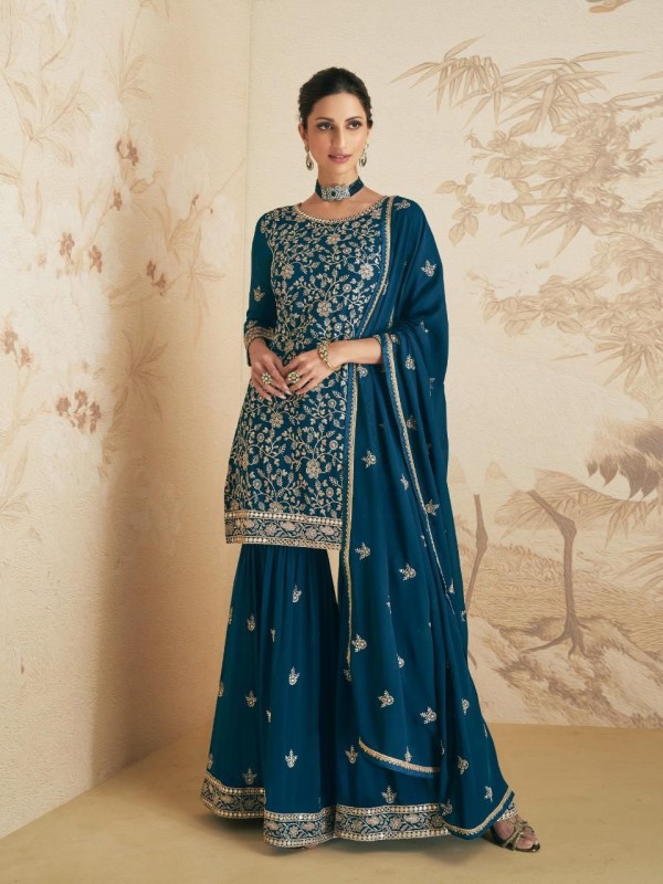 Georgette Party Wear Sarara in Teal Blue Color with  Embroidery Work