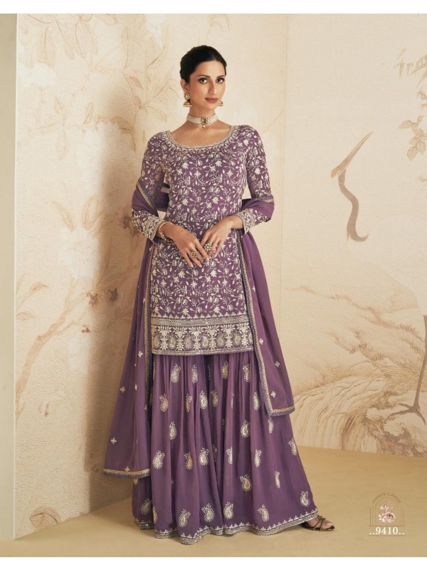 Georgette Party Wear Sarara in Purple Color with  Embroidery Work