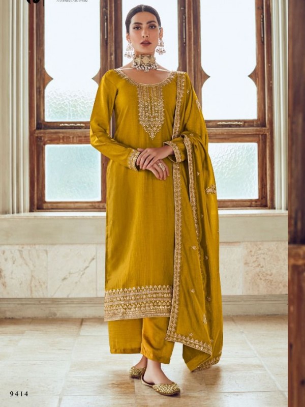 Premium Silk  Party Wear Suit  in Mustard Color with  Embroidery Work