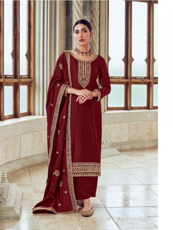 Premium Silk  Party Wear Suit  in Maroon Color with  Embroidery Work