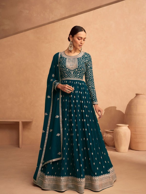 Real Georgette Party Wear Gown Teal Blue Color with  Embroidery Work