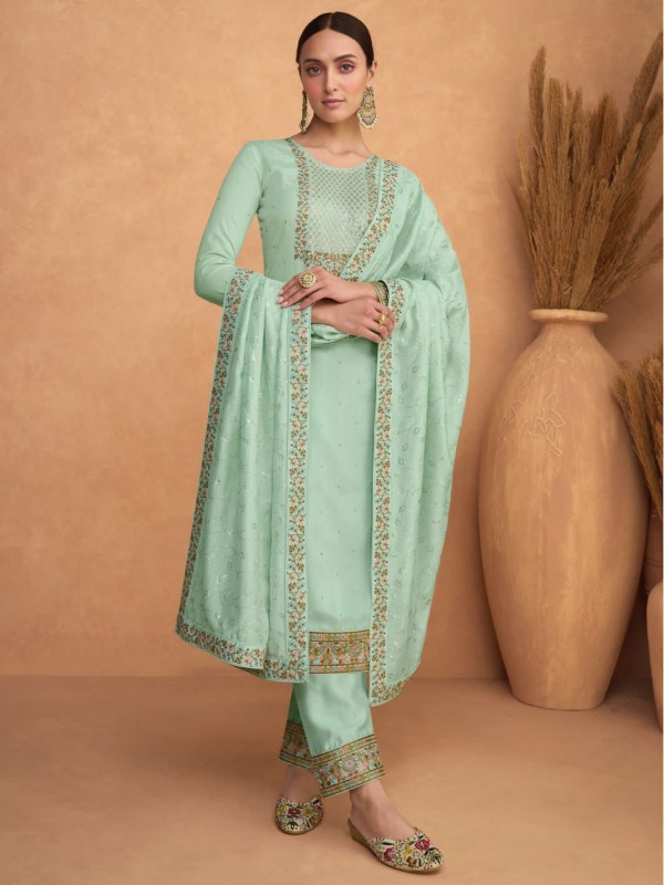 Premium Silk  Party Wear Suit  in Turquoise Color with  Embroidery Work
