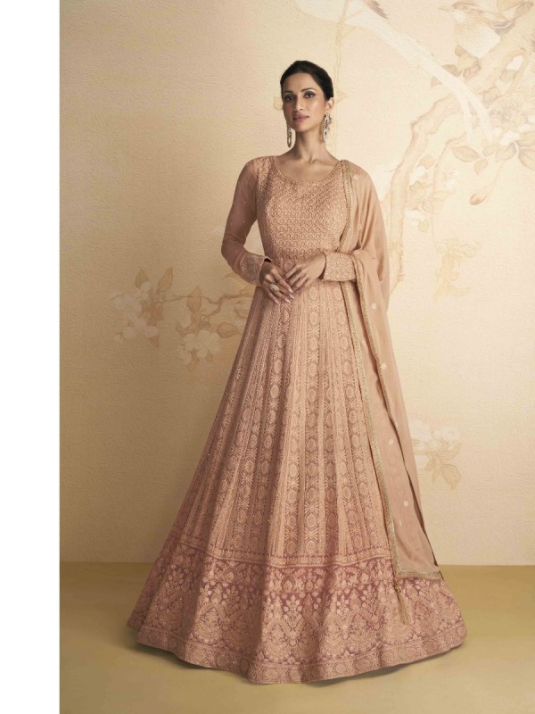 Real Georgette Party Wear Gown Peach Color with  Embroidery Work