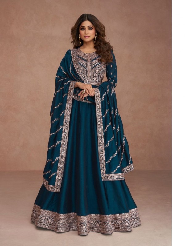 Premium Silk Party Wear Gown Teal Blue Color with  Embroidery Work