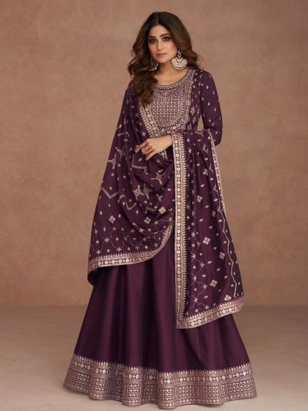 Premium Silk Party Wear Gown Violet Color with  Embroidery Work