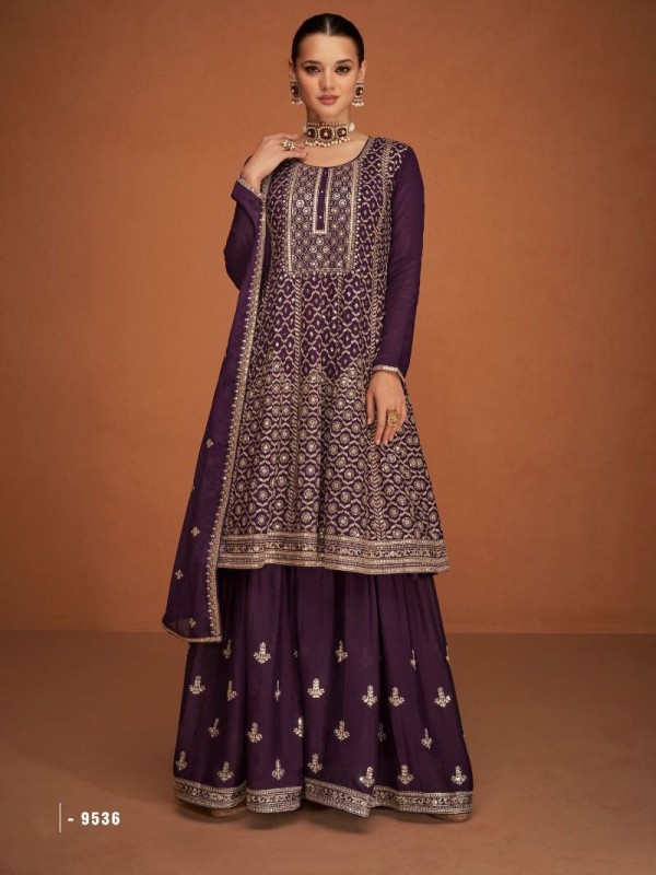 Heavy Silk  Party Wear Sarara in Violet Color with  Embroidery Work