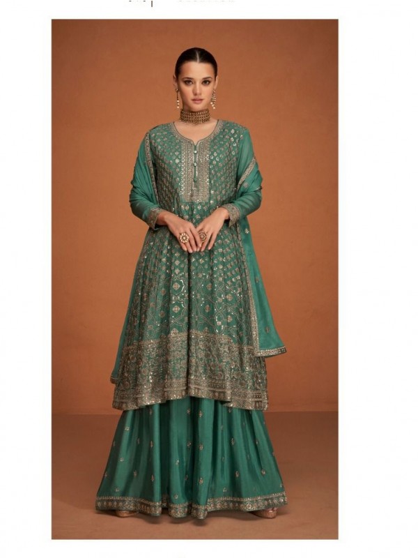 Heavy Silk  Party Wear Sarara in Turquoise Color with  Embroidery Work