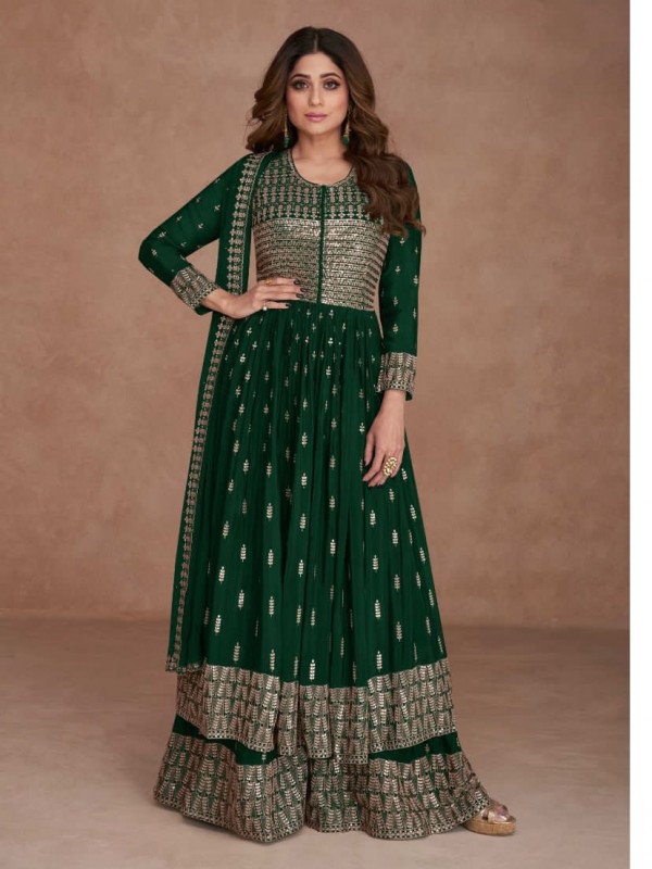 Pure Georgette  Party Wear Plazo  in Green Color with  Embroidery Work