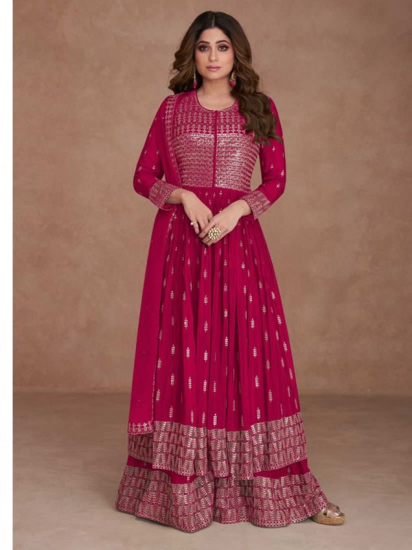 Pure Georgette  Party Wear Plazo  in Pink Color with  Embroidery Work