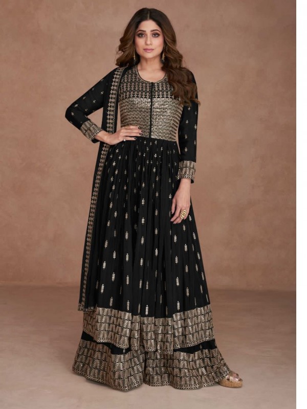 Pure Georgette  Party Wear Plazo  in Black Color with  Embroidery Work