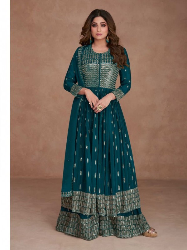 Pure Georgette  Party Wear Plazo  in Teal Blue Color with  Embroidery Work
