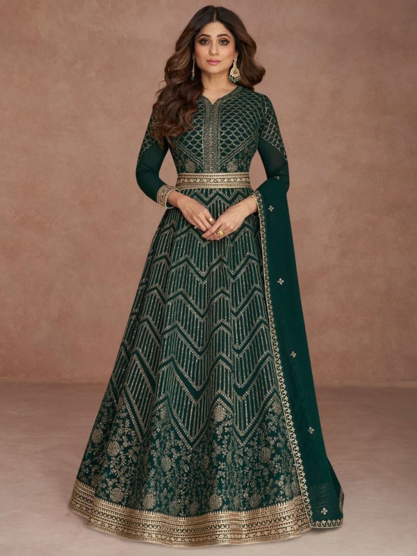 Real Georgette Party Wear Gown Teal Green Color with  Embroidery Work