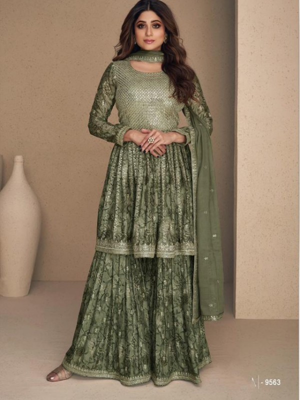 Pure Chinon Party Wear Sharara In Green With Embroidery Work 
