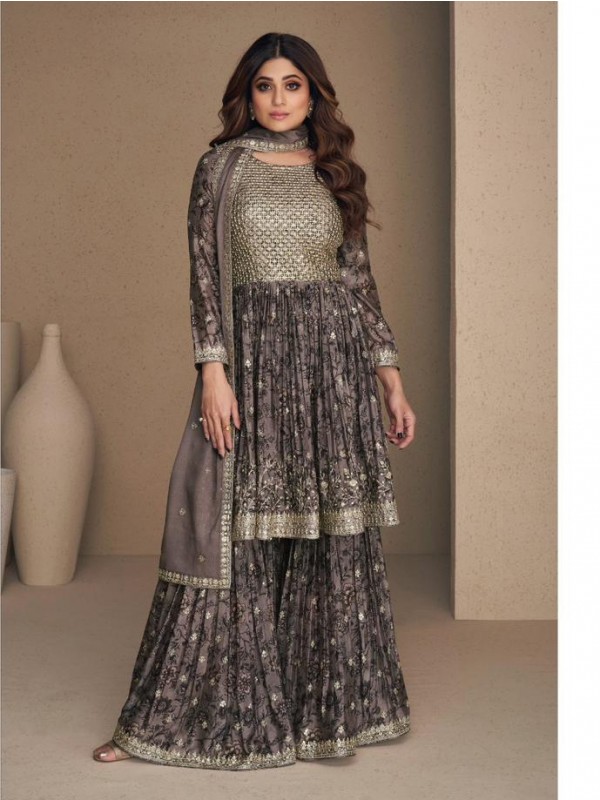Pure Chinon Party Wear Sharara In Dark Grey With Embroidery Work 