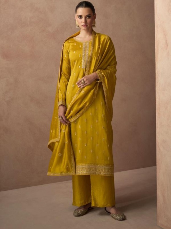 Premium Silk  Party Wear Suit  in Yellow Color with  Embroidery Work