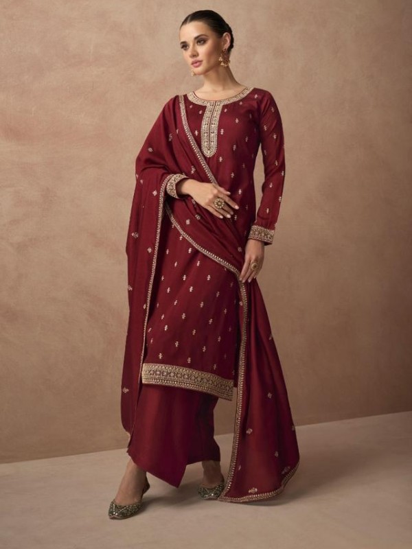 Premium Silk  Party Wear Suit  in Maroon Color with  Embroidery Work