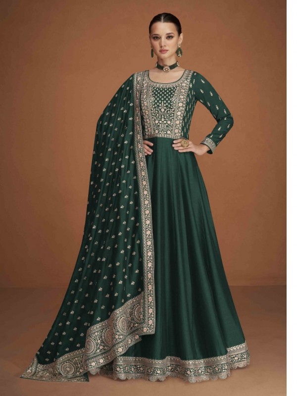 Georgette Silk Party Wear Gown Teal Green Color with  Embroidery Work