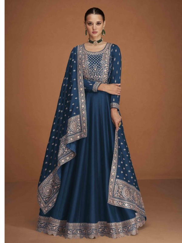 Georgette Silk Party Wear Gown Teal Blue Color with  Embroidery Work