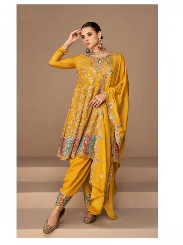 Chinon Fabrics Party Wear Suit In Yellow Color With Embroidery Work