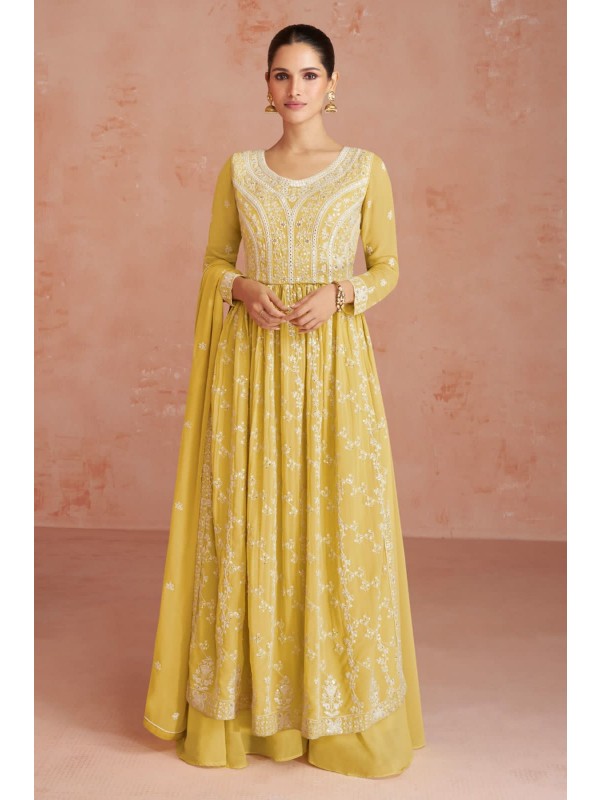 Georgette  Party Wear Gown Yellow  Color with  Embroidery Work